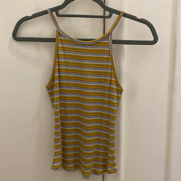 a'gaci Tops - a’gaci High Neck Yellow Striped Tank Top